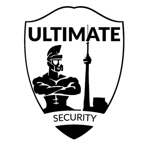 Logo of a security company featuring a shield with the silhouette of a muscular figure wearing sunglasses and a cap, alongside an antenna tower, with the words "Ultimate Security Services" at the top.