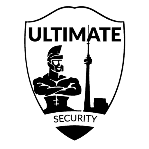 Logo of a security company featuring a shield with the silhouette of a muscular figure wearing sunglasses and a cap, alongside an antenna tower, with the words "Ultimate Security Services" at the top.