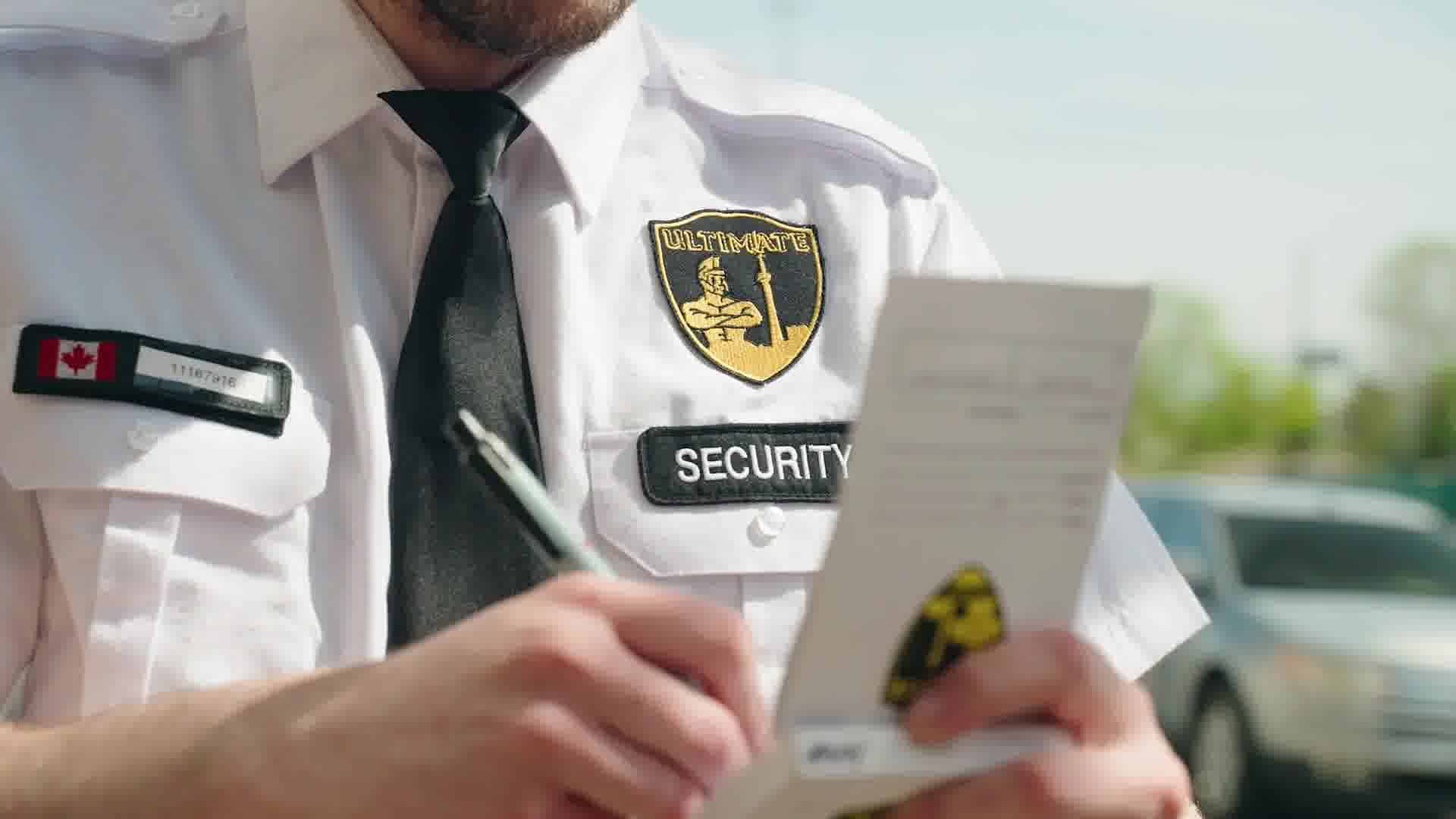 A security guard from the best security guard company is writing on a piece of paper.