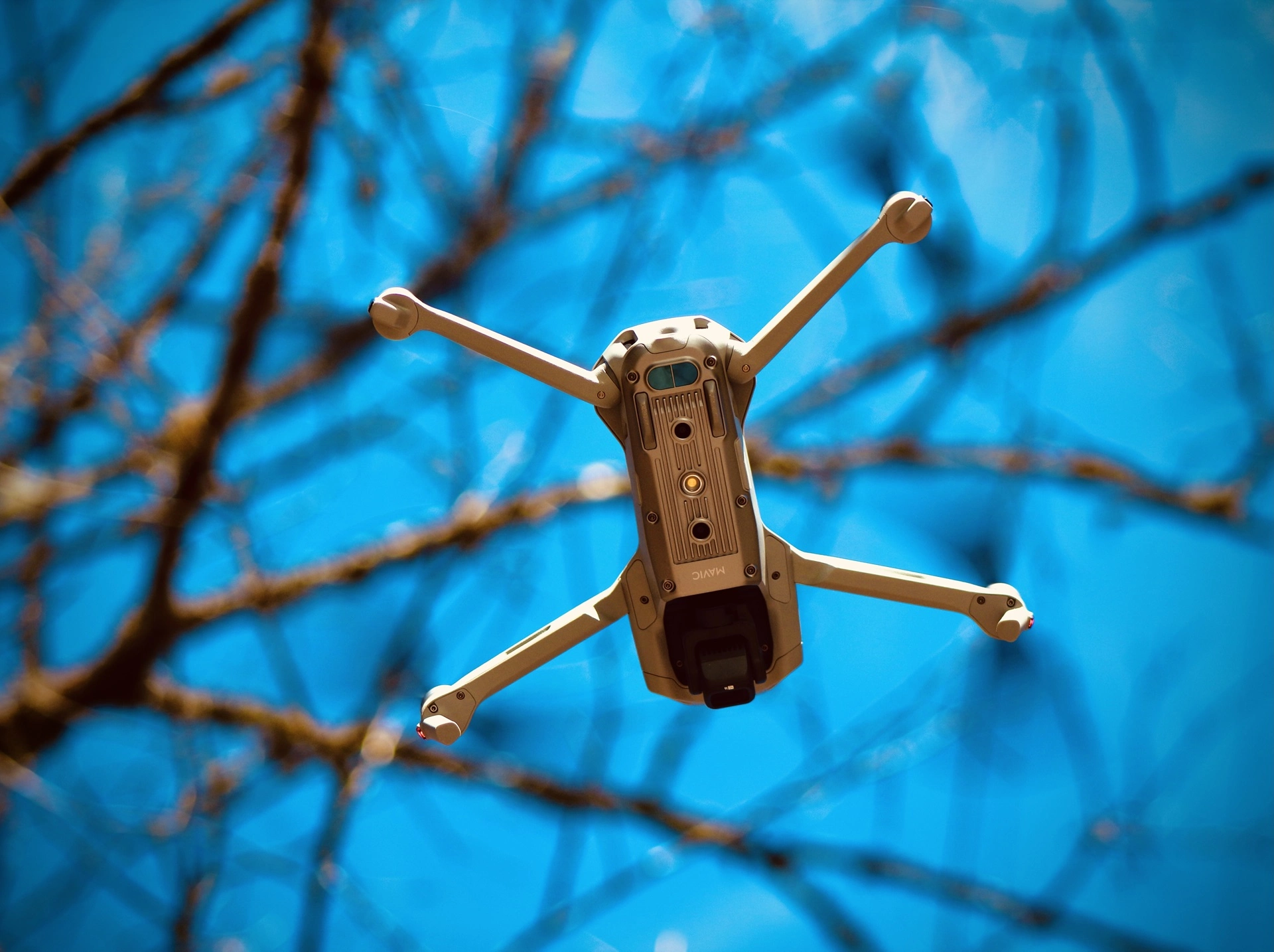 A drone conducting surveillance flies against a clear blue sky, seen from below through branches without leaves.