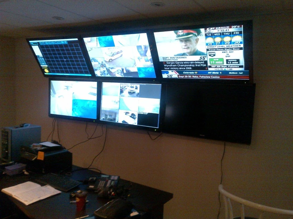 A wall-mounted array of six monitors displaying various surveillance feeds, weather updates, and access control system statuses in a dimly lit room.