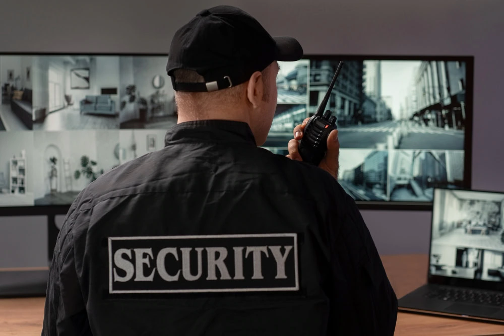 A security guard in a uniform and cap is using a walkie-talkie while monitoring multiple security camera feeds displayed on screens, ensuring readiness to implement the crisis management plan if necessary.