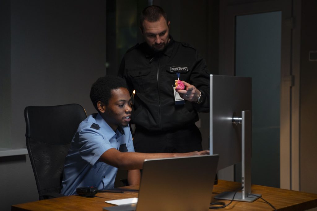 Two security officers are in a room; one is sitting and using a computer, while the other is standing next to him, holding a donut and pointing at the screen, focused on an insider threat assessment.