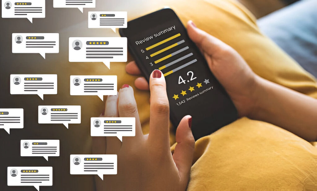 A person holds a phone displaying a 4.2-star review summary, showcasing excellent reputation management. Multiple speech bubbles with user profiles and ratings surround the phone.