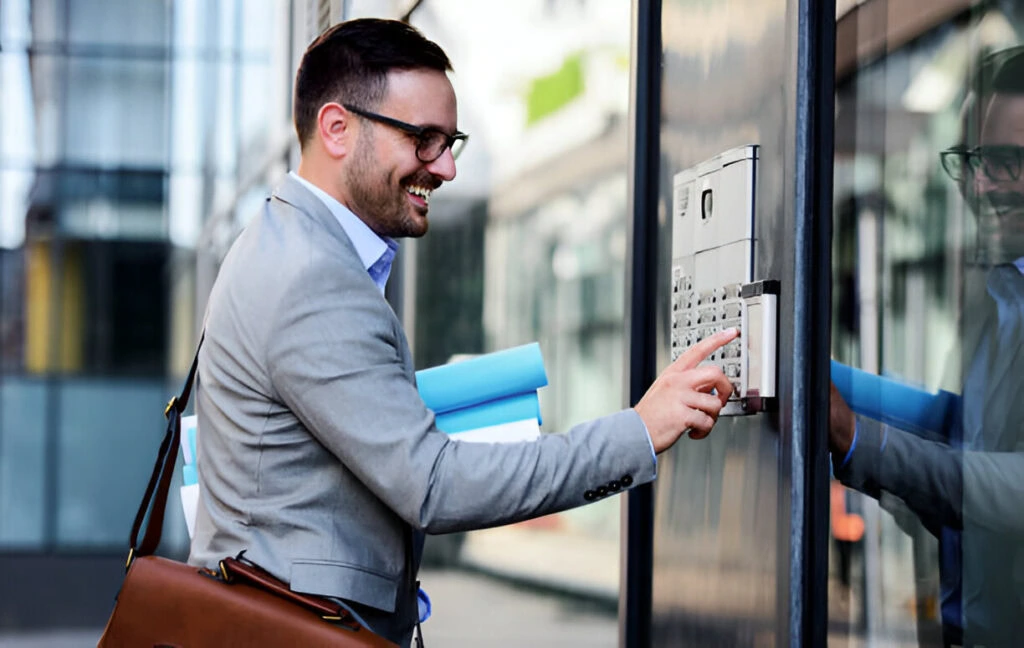 A man in a gray suit and glasses uses a security keypad outside a condominium building while carrying folders and a brown shoulder bag.