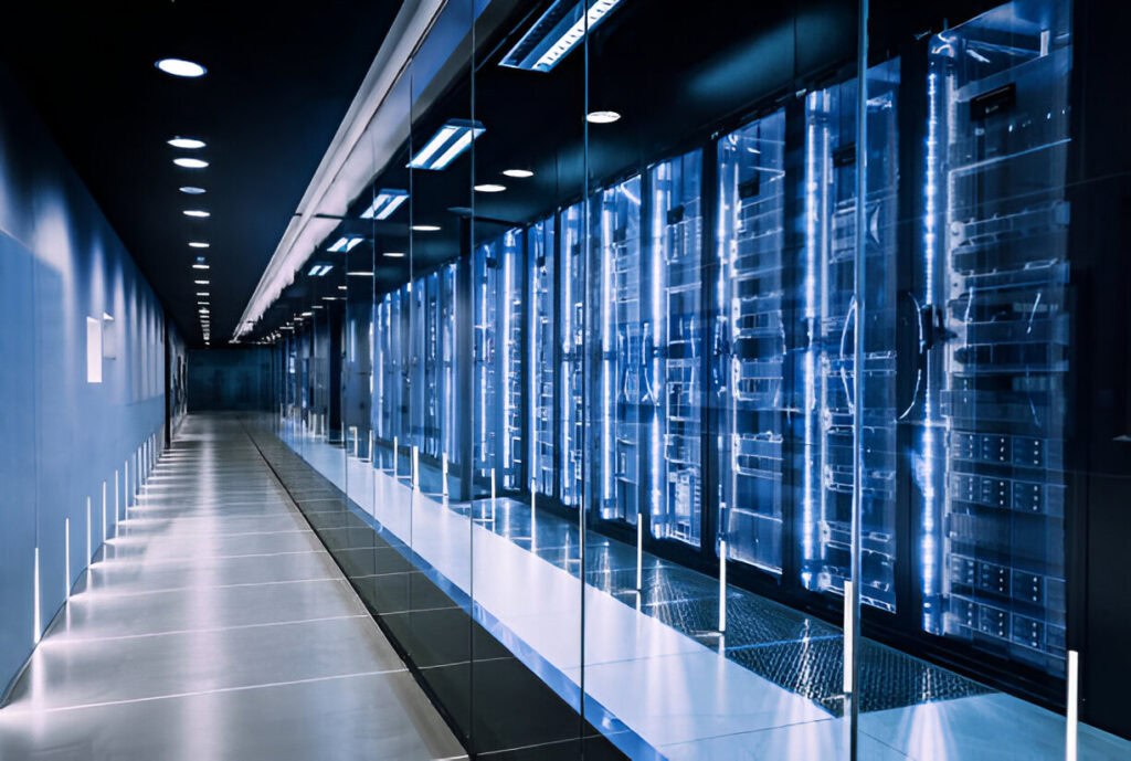 Modern Security Challenges A long corridor with rows of illuminated server racks on one side, enclosed by glass panels, in a modern data center with advanced security measures. The ceiling and walls are dark, highlighted by strips of blue lighting.