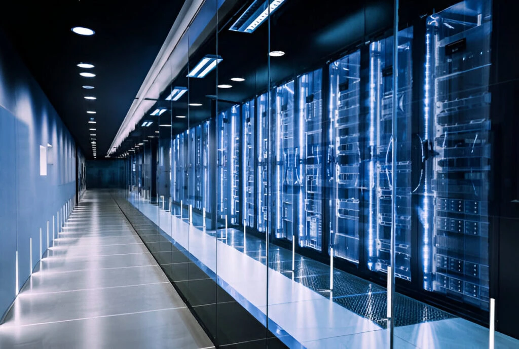 A long corridor with rows of illuminated server racks on one side, enclosed by glass panels, in a modern data center with advanced security measures. The ceiling and walls are dark, highlighted by strips of blue lighting.