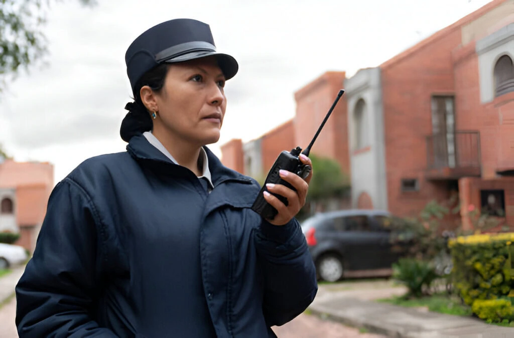 A residential security guard wearing a navy uniform and cap holds a walkie-talkie in her right hand while standing outside near residential buildings.