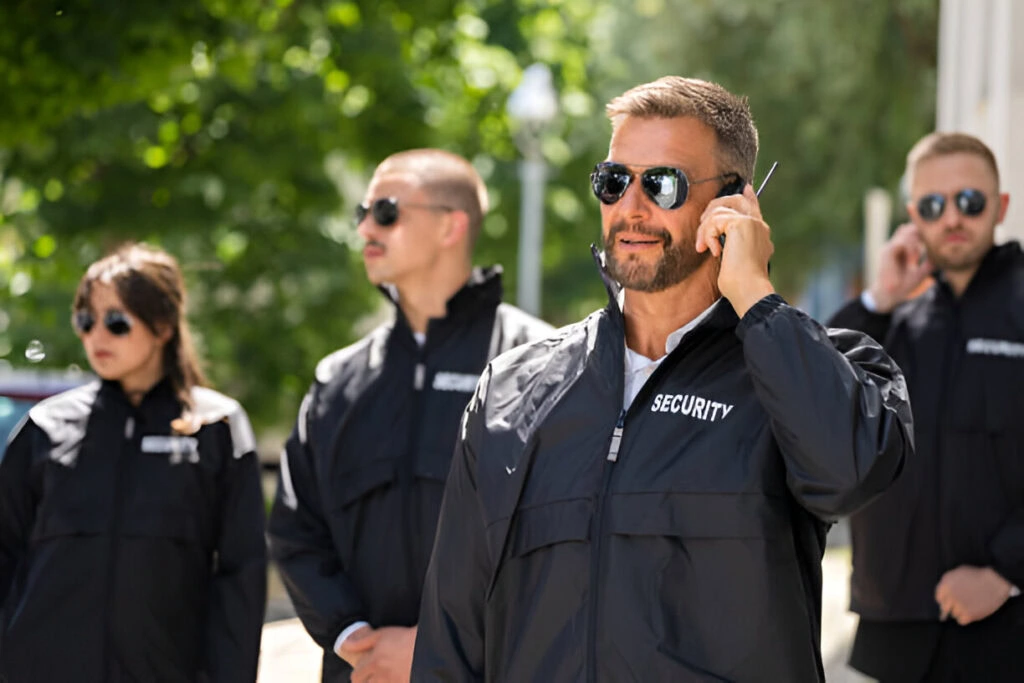 A group of four security personnel in black jackets and sunglasses, with one using a walkie-talkie, epitomizes top-tier Event Security Solutions for High-Profile Clients.