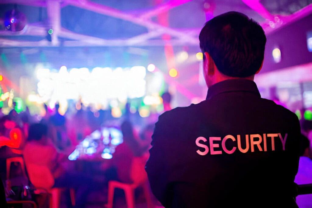 A security guard stands watch in a dimly lit venue with colorful lighting, overseeing event security for high-profile clients as he faces a stage with a blurred crowd in the background.