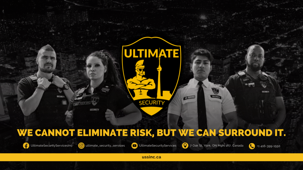 Image of four security personnel standing confidently in front of a black and yellow "Ultimate Security" logo. Text reads, "As a leading Security Guard Company, we cannot eliminate risk, but we can surround it.