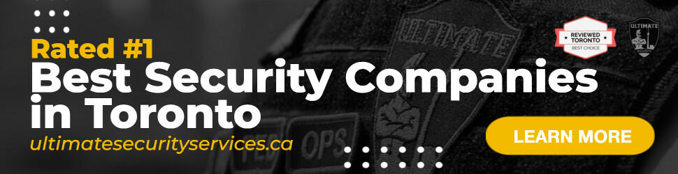 Banner ad for Ultimate Security Services stating "Rated #1 Best Security Companies in Toronto, with trusted private detective in Toronto services." Features a yellow "Learn More" button and website ultimatecurityservices.ca.