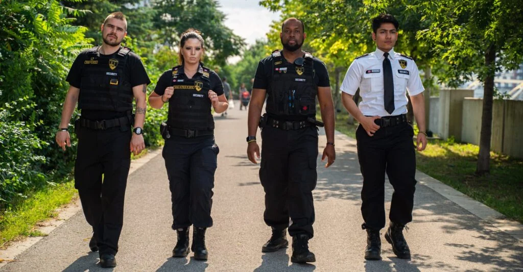 Four security officers walk side by side on an outdoor path, wearing uniforms and looking ahead, representing professional security management services in Toronto, with trees and greenery lining both sides.