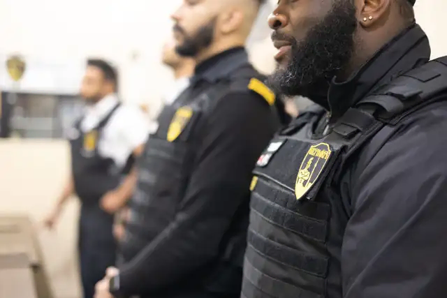 Four uniformed security officers stand in a row indoors, wearing black protective vests and badges, representing Parking Enforcement Mississauga against a blurred background.