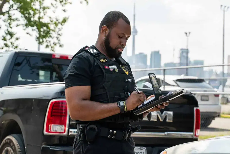 A security officer from a reputable security agency stands in uniform beside a black pickup truck, writing on a clipboard, with an urban skyline visible in the background.