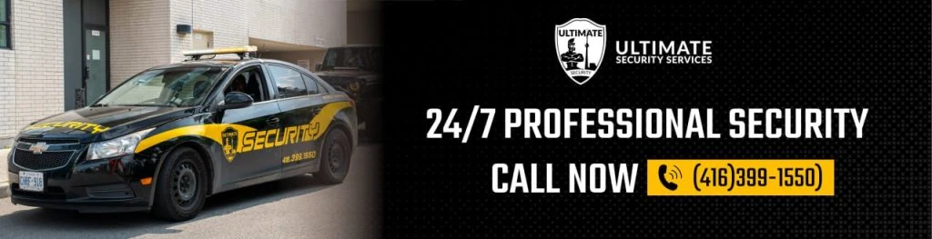 A security patrol car parked by a building next to a sign reading "Ultimate Security Services 24/7 Professional Security. Call now (416) 989-1550," offering trusted private detective in Toronto services.