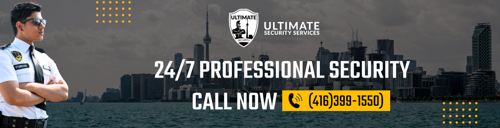 A security guard stands in front of a city skyline. Text reads: "24/7 Professional Security. Security Licence in Brampton. Call Now (416) 599-1550. Ultimate Security Services.