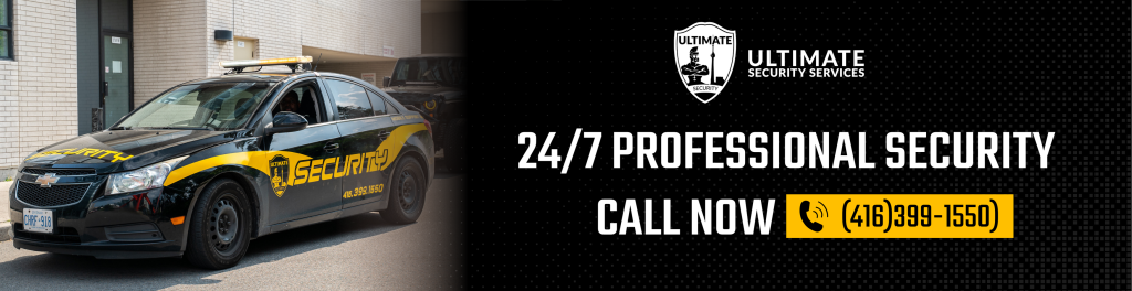 A black security patrol car parked outside a building, with a banner reading "24/7 Professional Armed Security Guards. Call Now (416) 989-1550. Ultimate Security Services" on the right.