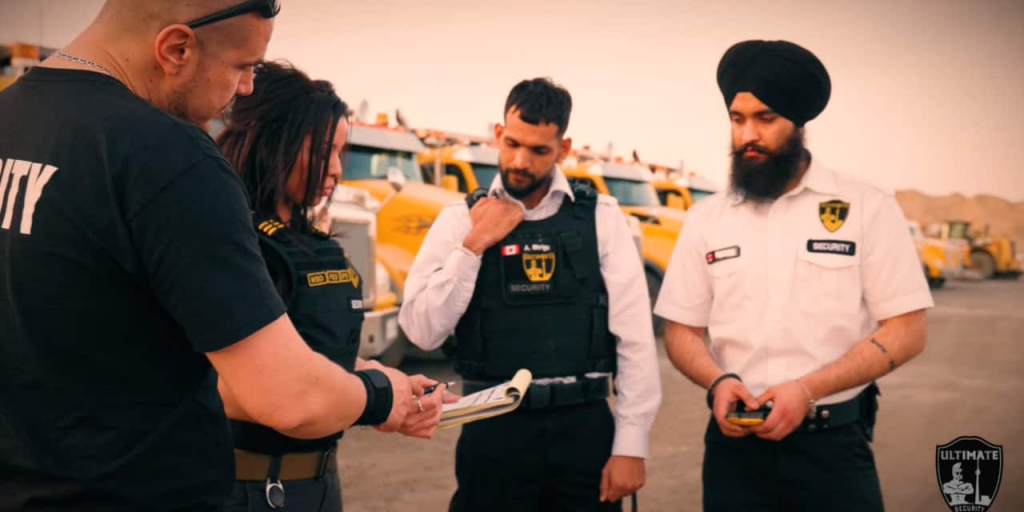 Four security personnel from a Security Service in Toronto stand outdoors near yellow trucks, reviewing documents and using a handheld device.