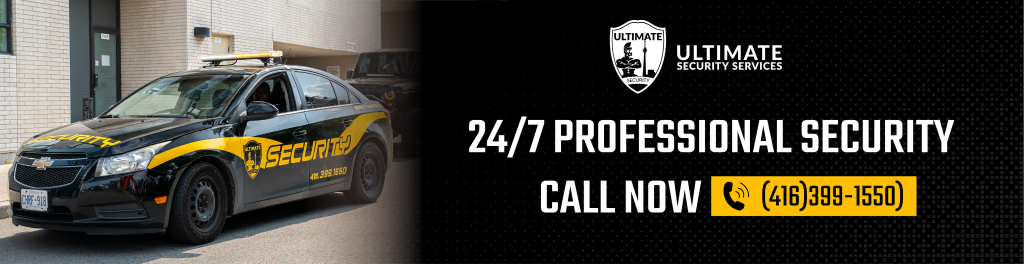 image 10 Black and yellow security patrol car parked by a building; advertisement reads "24/7 Professional Security, Call Now (416) 989-1550, Ultimate Security Services—supporting Neighborhood Watch programs.