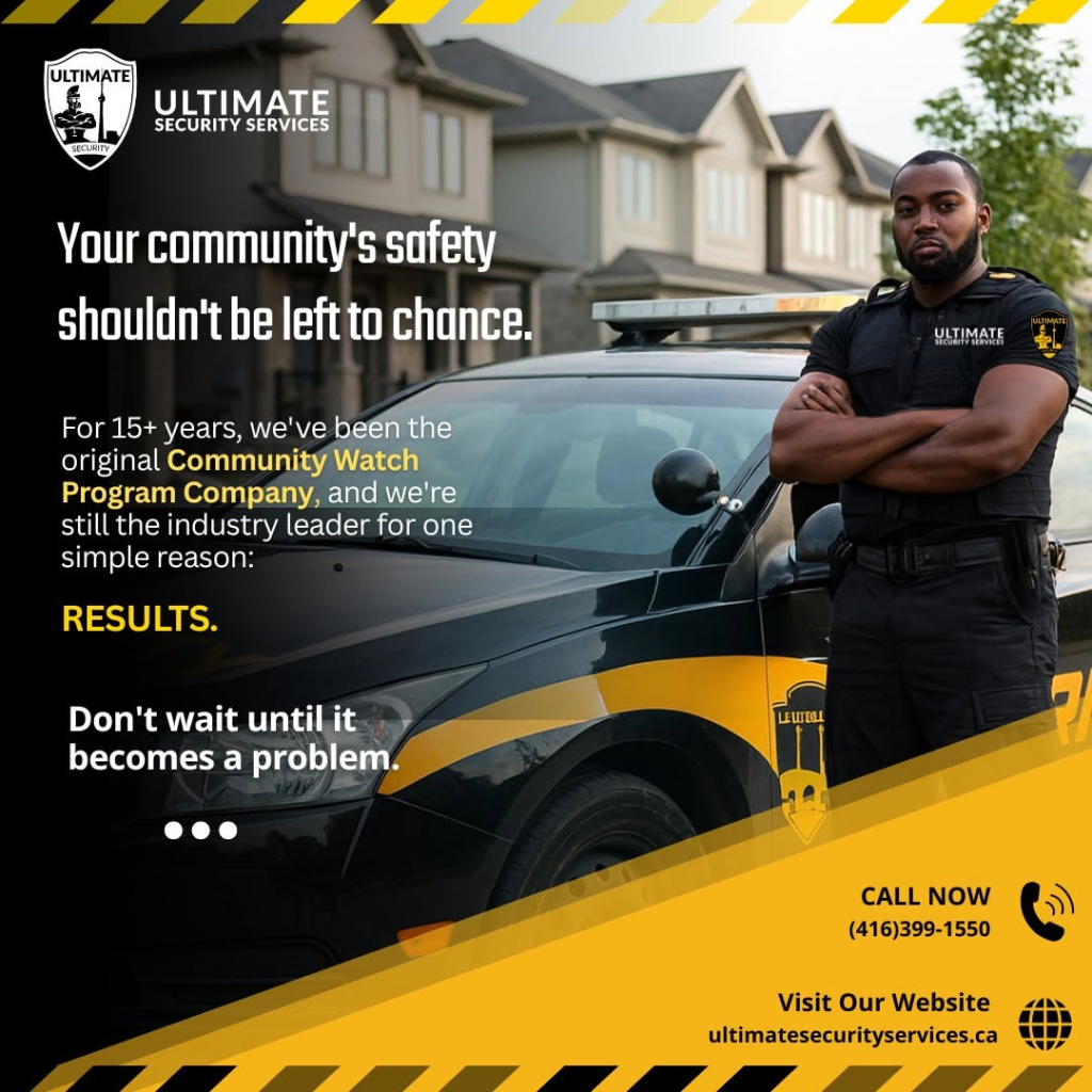 image 11 A security guard stands beside a marked Ultimate Security Services car, promoting community safety and Neighbourhood Watch programs with contact information and a message about preventing problems before they start.