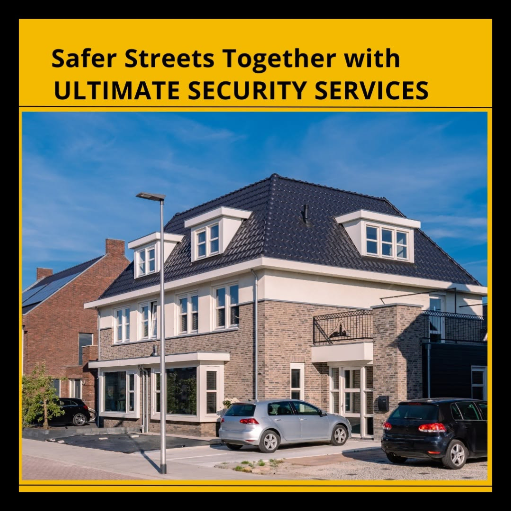 image 12 A modern residential street with parked cars in front of a house, under a clear sky, promoting Ultimate Security Services and Neighborhood Watch programs for safer neighborhoods.