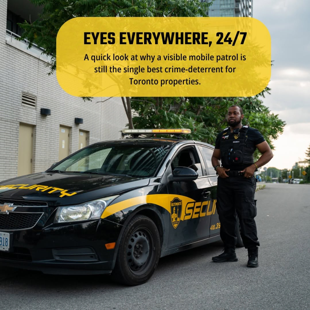 image 16 A security guard stands next to a marked security patrol car on a city street, showcasing the benefits of mobile patrol security in Toronto and the GTA, with buildings and greenery in the background.