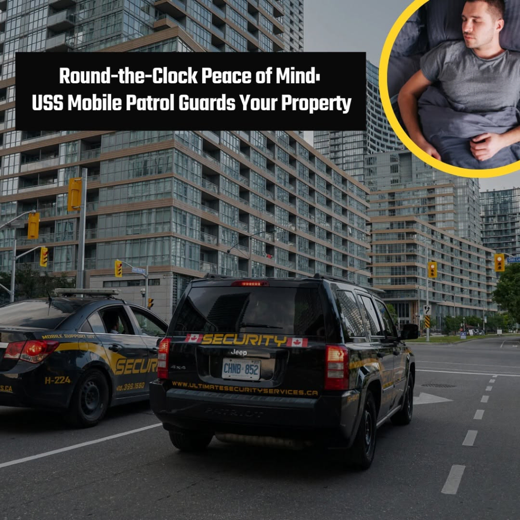 image 17 Two black security vehicles labeled "SECURITY" drive through a city intersection near apartment buildings; inset shows a man sleeping in bed. Text asks, "Why Should You Consider Mobile Patrol Security in Toronto and the GTA?" and promotes 24/7 patrol services.