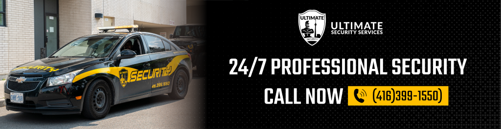 image 6 A black and yellow security car parked near a building highlights 24/7 professional security services and Parking Enforcement in Mississauga, with a phone number to call for assistance.
